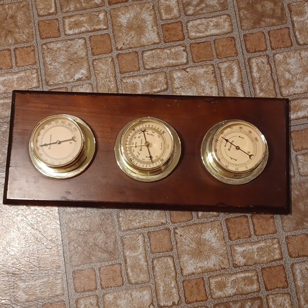 Wooden Weather Station with Gold Accents Temperture Barometer, humibity Vintage